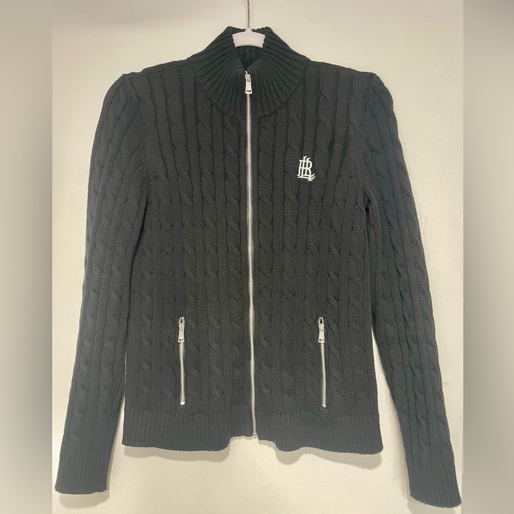 Lauren Ralph Lauren Women’s Black Cable Knit Full Zip Cardigan Sweater, Size M
